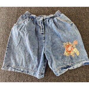 Vintage Pretty Bleu Womens Jean Shorts L 80s Mom Embroidered Acid Elastic Waist